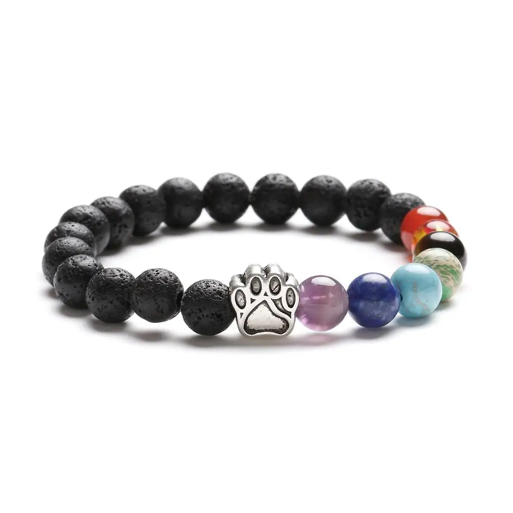 

7 Chakra Stone Beads With Dog Paw Charm and Black Lava Rock Beads Bracelet