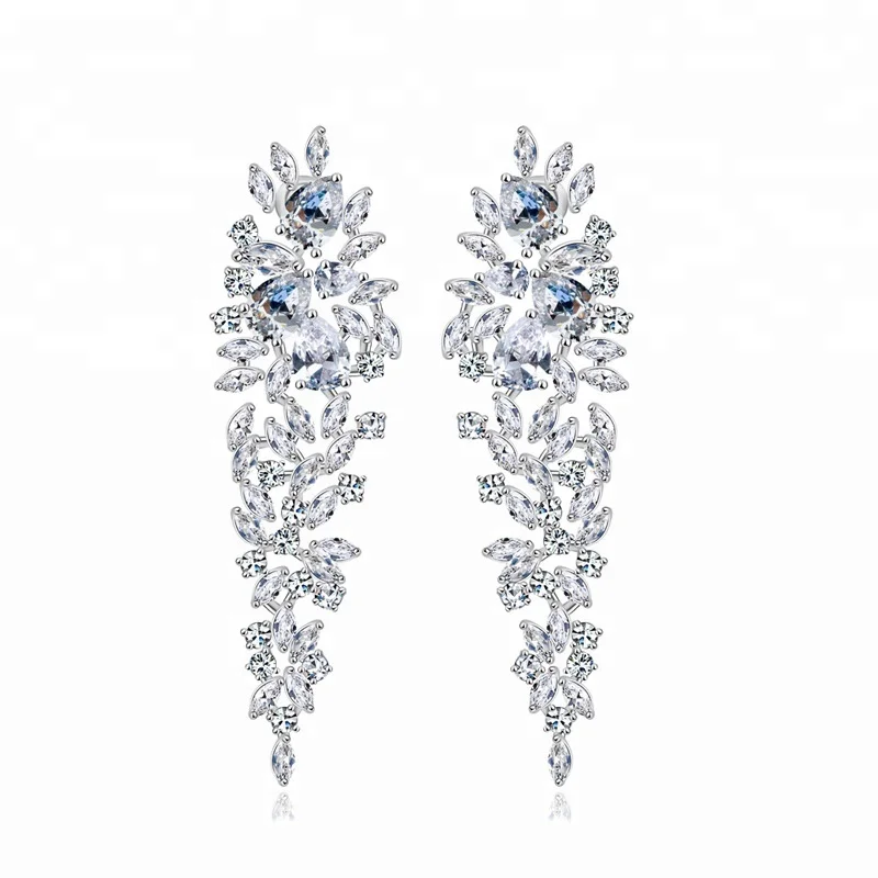 

Wholesale Fashion Luxury Rhodium Plated Bridal Shining Clear Cubic Zirconia Long Wedding CZ Chandelier Earrings, As shown in figure