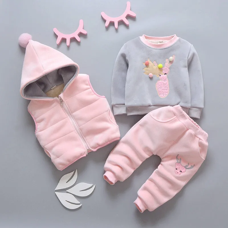 

3 pcs Baby Girls Clothing Set winter kids girl clothes suits Fleece Velvet Children Girls thick warm Clothes, Picture