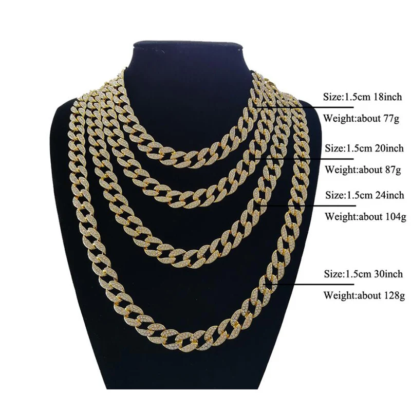 

Hiphop Bling Jewelry Necklace for Men Miami Iced Out Curb Cuban Link Chain Gold Color Silver Color CZ Rhinestones, Silver/black/gold/rose gold/blue avalibale