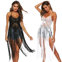 

Women's Handmade Crochet Swimwear Cover Up Short Halter Beach Dresses with Tassels