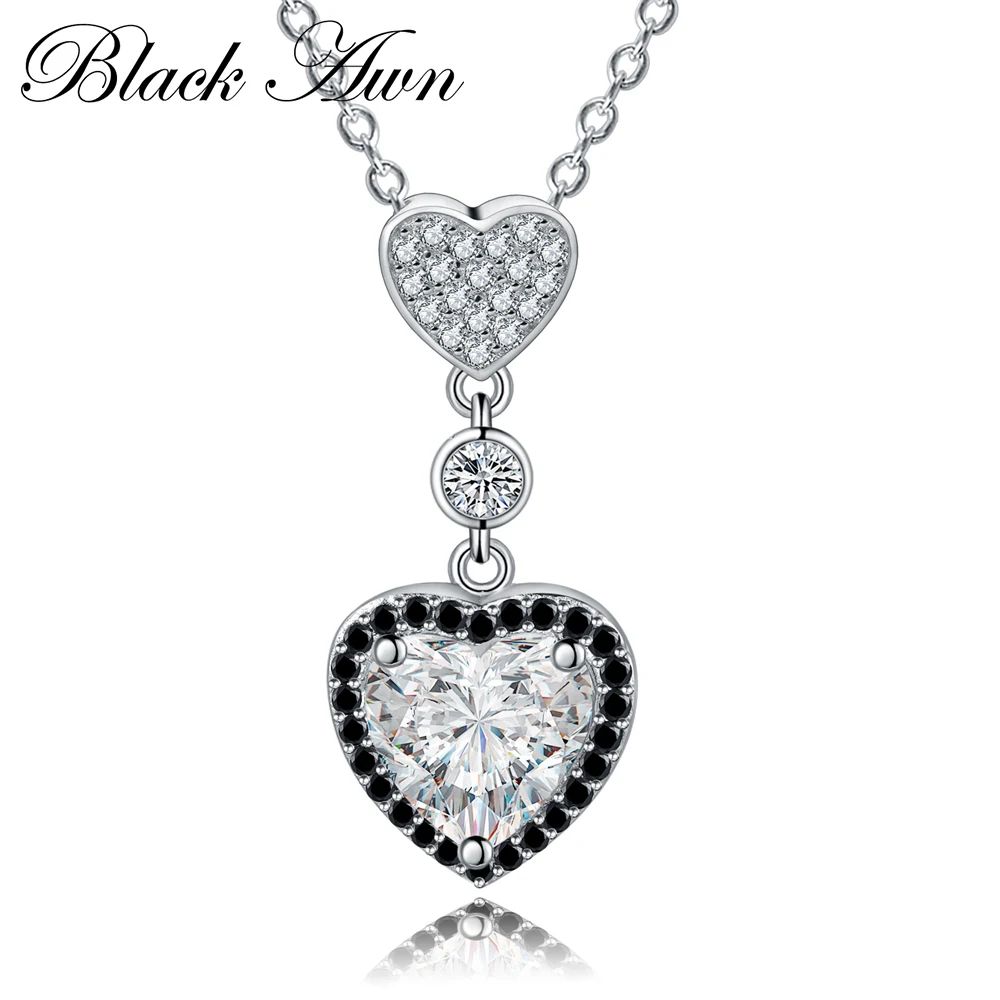 

[BLACK AWN] 4.7g 925 Sterling Silver Fine Jewelry Trendy Heart Engagement Necklaces Pendants for Women Wedding Pendants P156