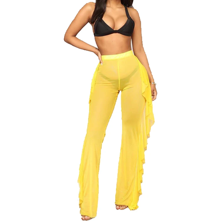 

LDDRESS New Sexy Ruffle Women Beach Mesh Pants Sheer Wide Leg Pants Transparent Long Beach Cover Up Bikini Trousers, As shown