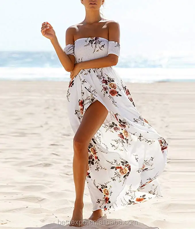 Women Boho Off Shoulder Strapless Summer Beach Floral Slit Long Maxi Dress  - Buy Boho Dress,Long Maxi Dress,Maxi Dress Product on 
