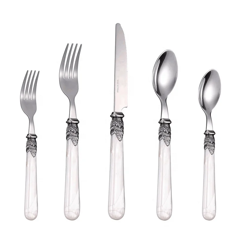 

Cathylin 20-Piece High Grade Acrylic Handle Plastic Cutlery Set Stainless Steel Knife Spoon Fork Flatware