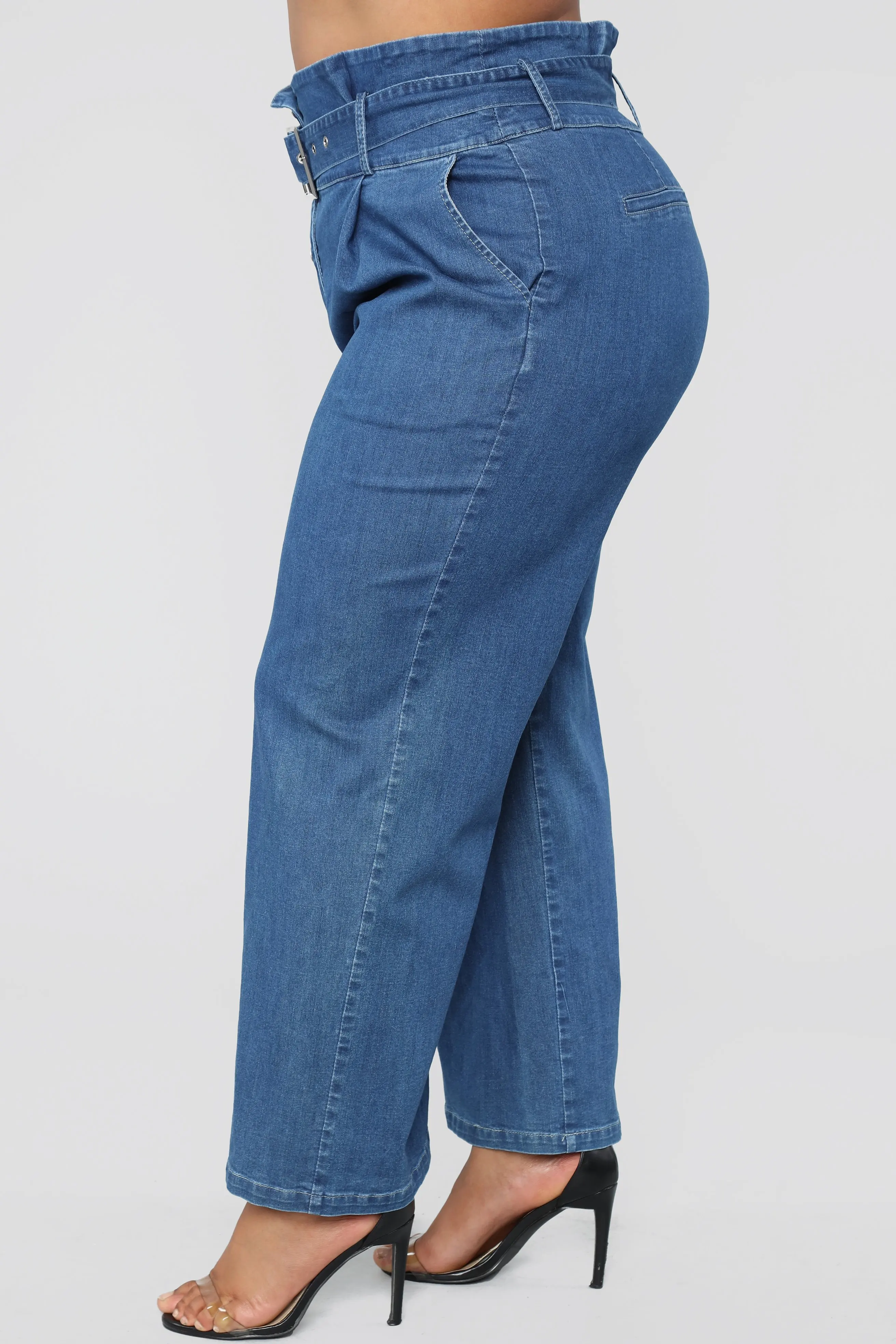 Casual Paperbag Waist With Belt Blue Denim European Style Wide Leg Jeans for Women