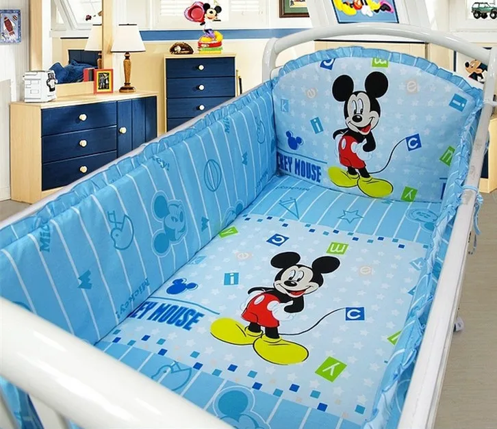 Promotion 6pcs Mickey Mouse crib bedding set bumpers for cot bed cotton baby bedding kit bed