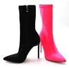 Large size 12cm thin high heel women side zipper fluorescent color elastic fabric sock half boots