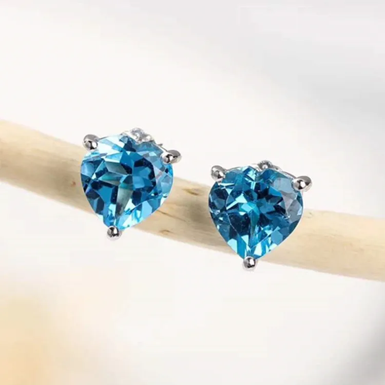 

wholesale new fashion heart shape romantic gemstone jewelry 925 sterling silver 8mm natural blue topaz stud Earring