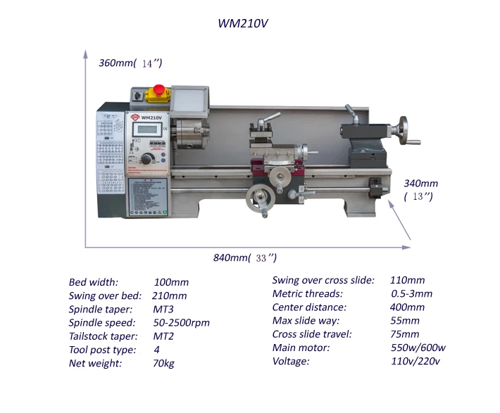 WM210V-L lengthen 38mm bore manual small metal price mini hobby lathe for sale 750w