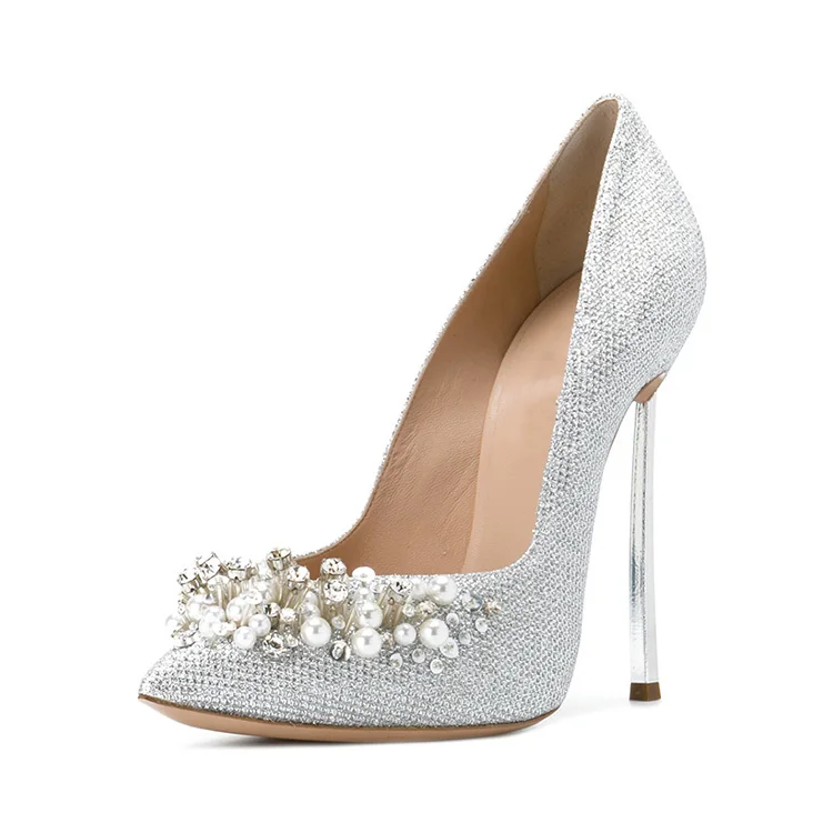 Silver Glitter With Pearls Diamante Women Dress Shoes Wedding Shoe ...