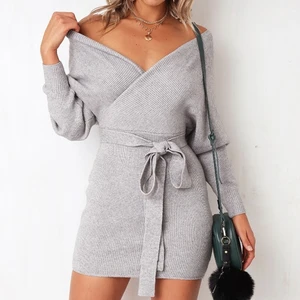 shein nzdr131 2019 wholesale custom latest style v-neck long sleeve ladies knit dress