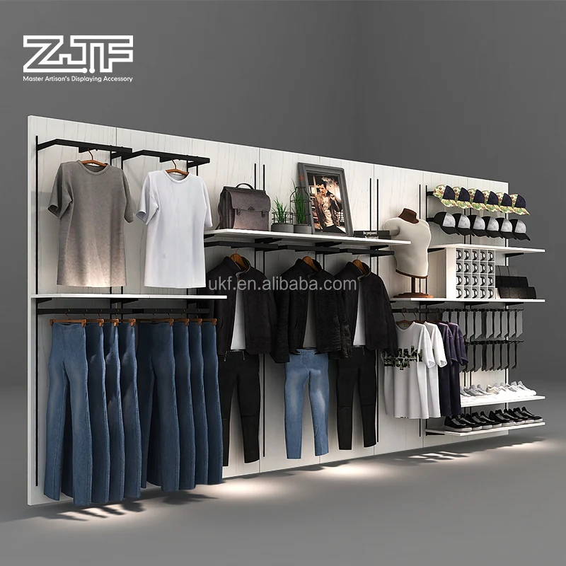 Retail Men's Clothes Stores Wooden Shelf Display Wall Clothing Shop