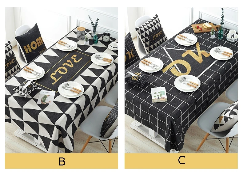 Simple eco Nordic black white plaid soft cotton and linen tablecloth