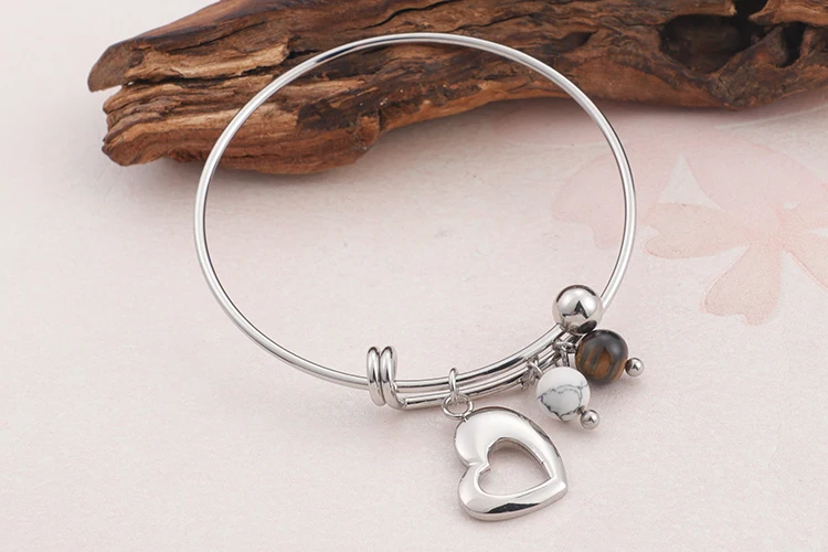 Wholesale custom expandable stainless steel thin wire bracelet with heart charm and turquoise stone