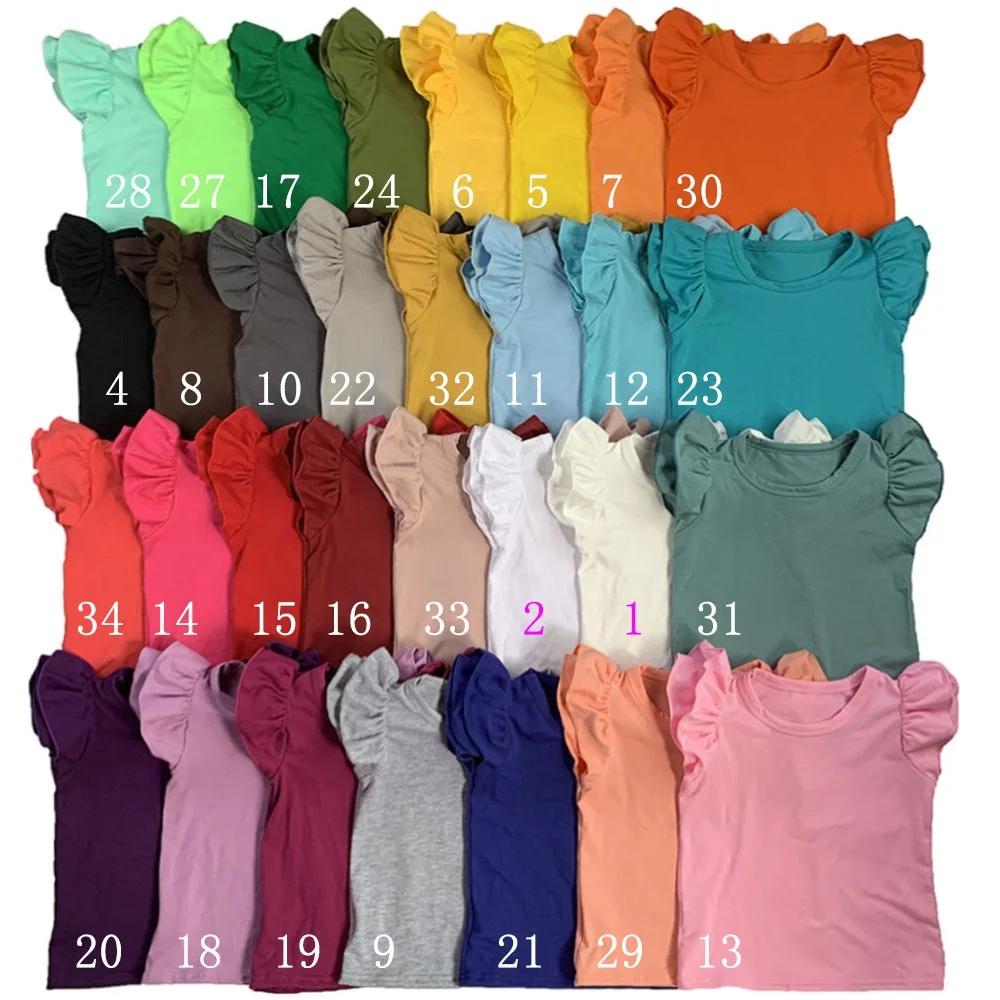 

Hot Sale Summer Kids Clothes Boutique Little Girls Flutter Sleeve Tops Soft Cotton 34 Colors Children Plain Ruffled Shirts