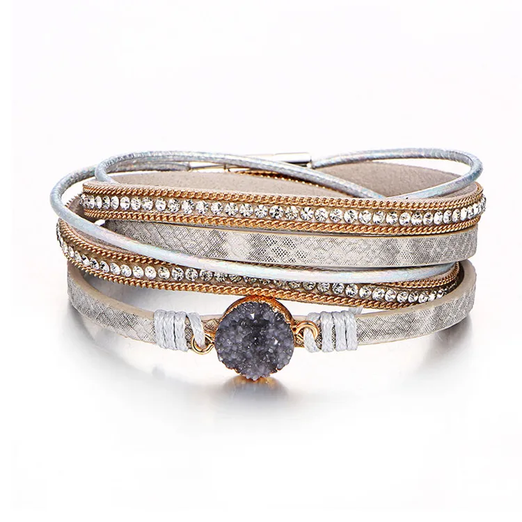 

Hot Sale Fashion New Design Magnetic Leather Bracelet Crystal charm Multi-Layer bracelet For Woman, Silver