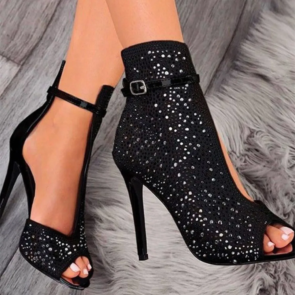 

PDEP Summer hot sale shiny diamond big size 43 peep-toe pumps stiletto women mules women high heel shoes, Black