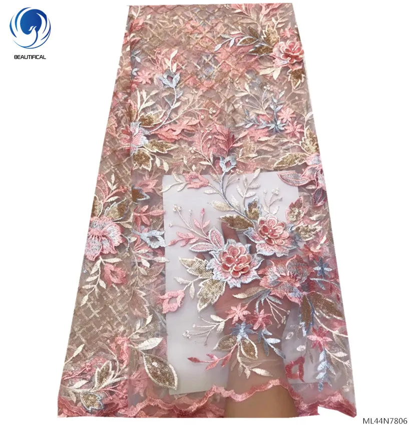 

Beautifical Latest colours desgin Net lace fabric for women dress Nigerian tulle lace 5yards, As picture