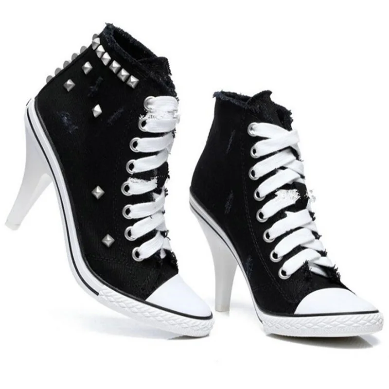 

Women Canvas Shoes Denim High Heels Rivets Shoes Fashion Shoe Laces Sneakers Women Short Women's Pumps black blue