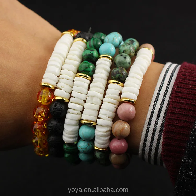 

BRP1524 Fashion white shell disc bracelets,gold accent spacer bead with gemstone elastic bracelet