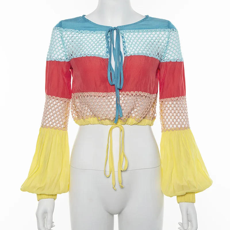 

Z85876E european style mesh see through long sleeve women blouses, As picture