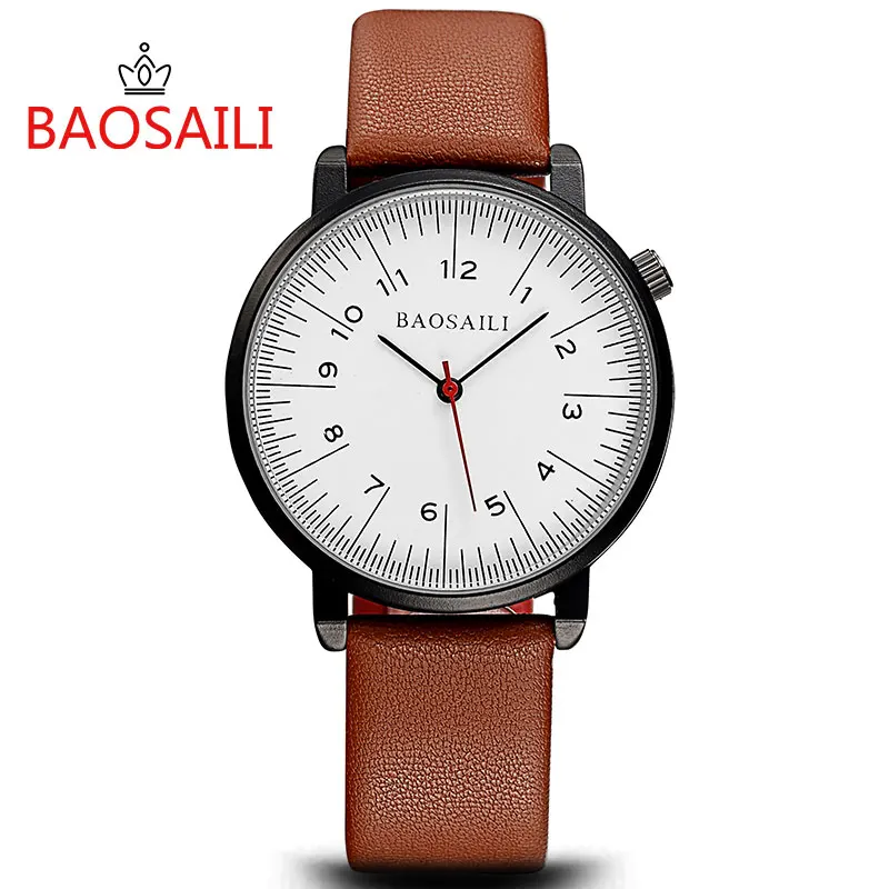 

BAOSAILI Minimalist Design Mens Watch Black Case Leather Quartz Watch Stainless Steel Back Business Men Watch, Black;brown