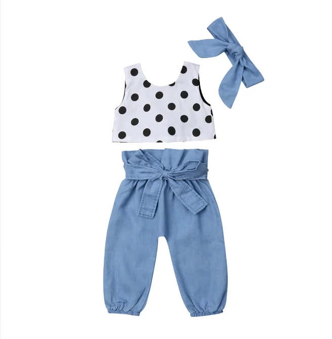3pcs Newborn Baby Girl Clothing Tops Vest dot Sleeveless Pants Belt Bow Headband Outfit Set Summer Clothing Sets Girls