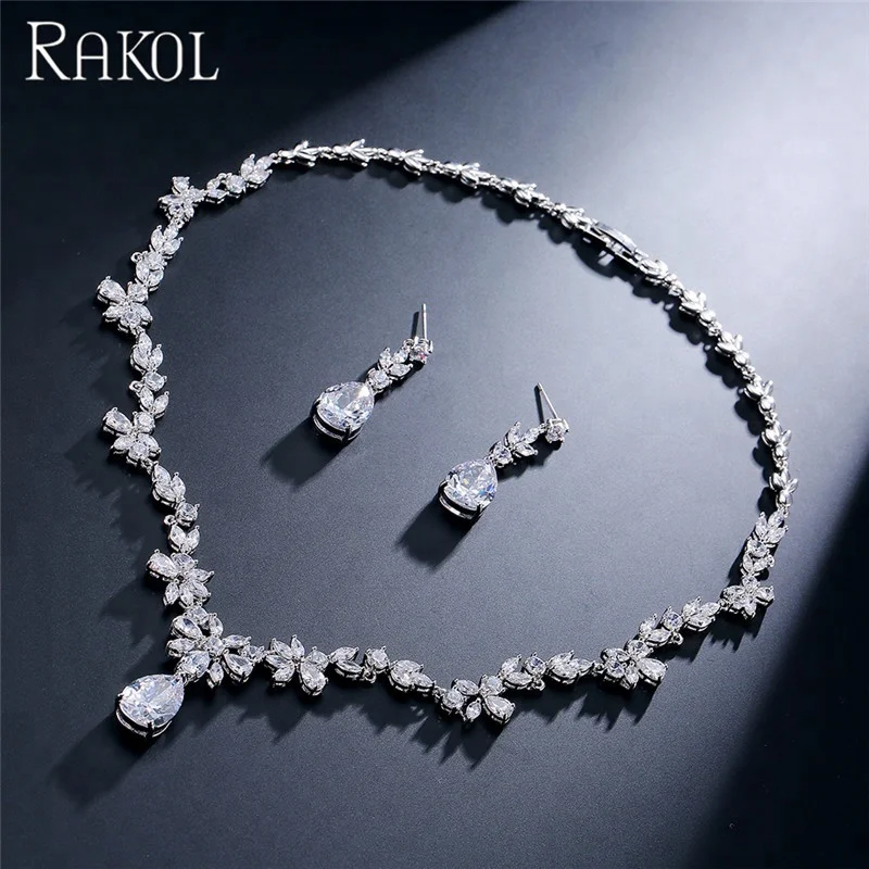 

RAKOL SP3162 Luxury crystal CZ jewelry clear diamond zircon flower shape cubic zircon bridal wedding jewelry CZ jewelry set, As picture