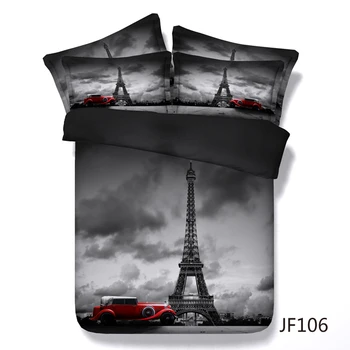 Retro Eiffel Tower And Luxury Red Car 3d Digital Design Bed Set