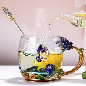 Beauty And Novelty Enamel Coffee Cup Mug Flower Tea Glass Cups for Hot and Cold Drinks Tea Cup Spoon Set Perfect Wedding Gift