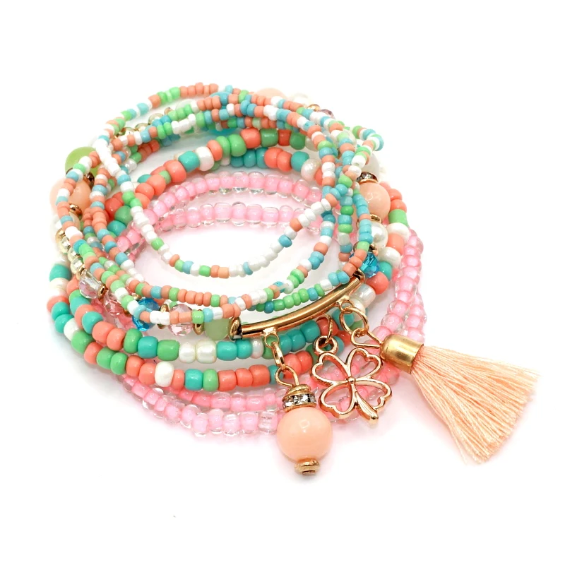 

9pcs/set Brand Multilayer Seed Beads Tassel Clover Bracelets & Bangles Strand Stretch Friendship Bracelets Pack for Women, Any other colors you want