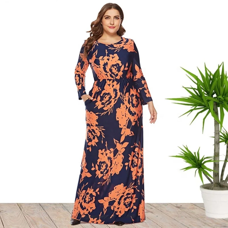 

2019 New Fashion Floral Print Plus Size Maxi Long Sleeve Autumn Pocket Dress For Women, N/a