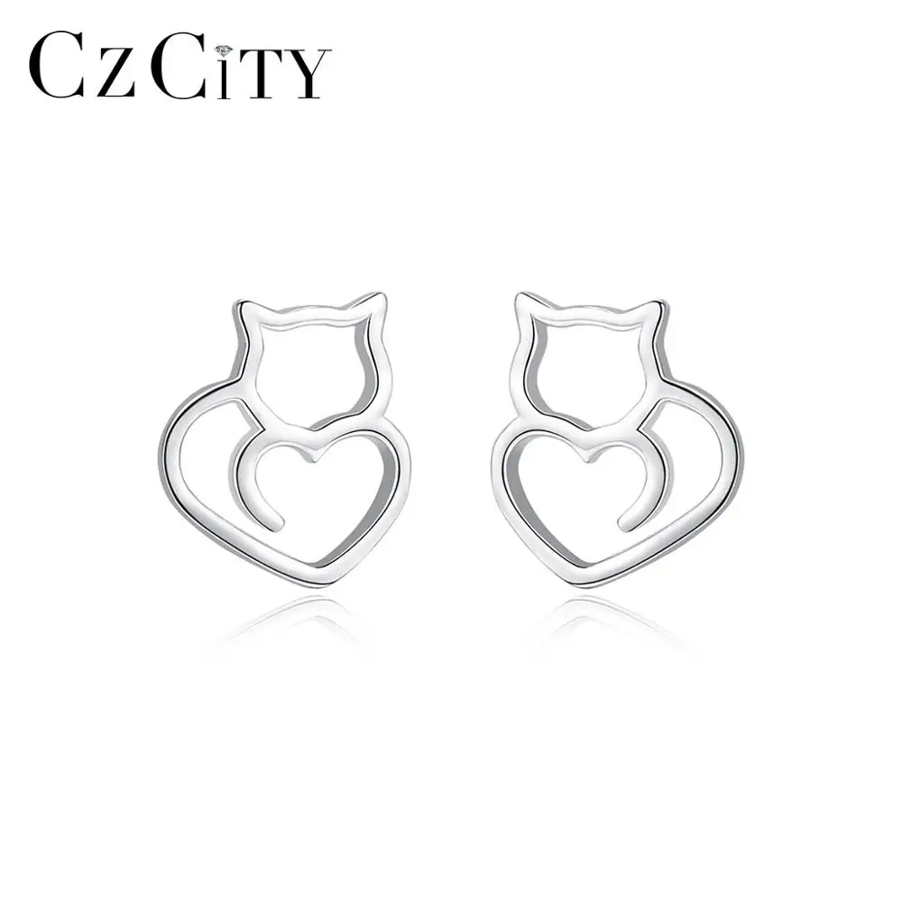 CZCITY Sterling Silver 925 Jewelry Earring Hollow Cat Shape Minimalism Earrings Animal Cat Stud Earrings