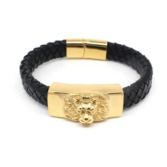 

316l stainless steel braided leather lion design leather bracelet wholesale