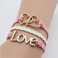 

Wholesale simple fashion vintage leather woven love bracelet pink color women bracelet