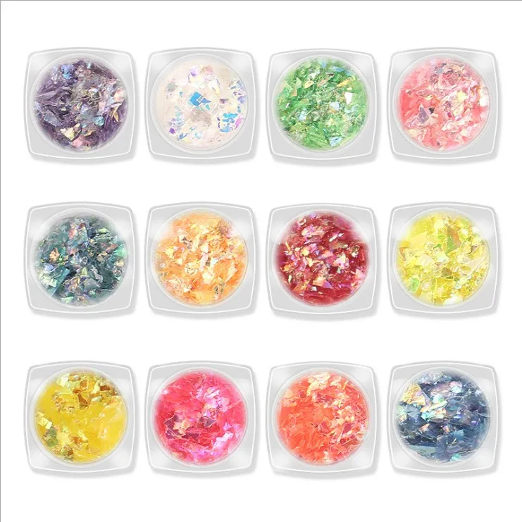 

Wholesale 12 colors Nail Beauty Items 3D Decal DIY Nail Decoration Irregularity Shell Debris Sticker, Picture shown