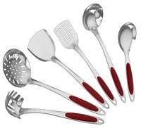 

3 MM Thick 6 Pcs Kitchen Utensil Set of Stainless Cookware with Red Silicone Handle