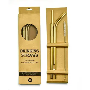 Kraft Paper Box Packing Eco Straw Stainless Steel Foldable Straw Metal Straw Set