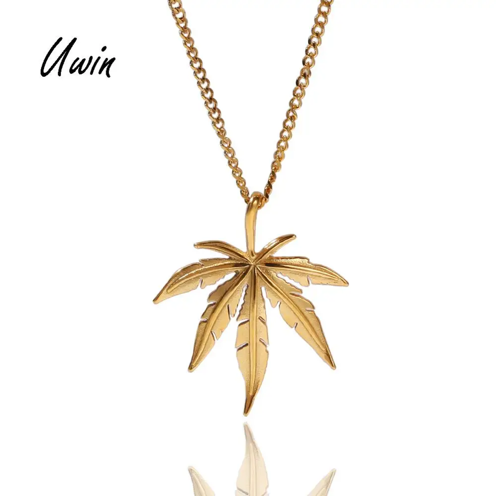 

Uwin Retro Maple Leaf Pendant Gold Classic Cuban Chain Link Necklace Hiphop Street Style Trendy Jewelry Unisex Wholesale Gifts, Yellow