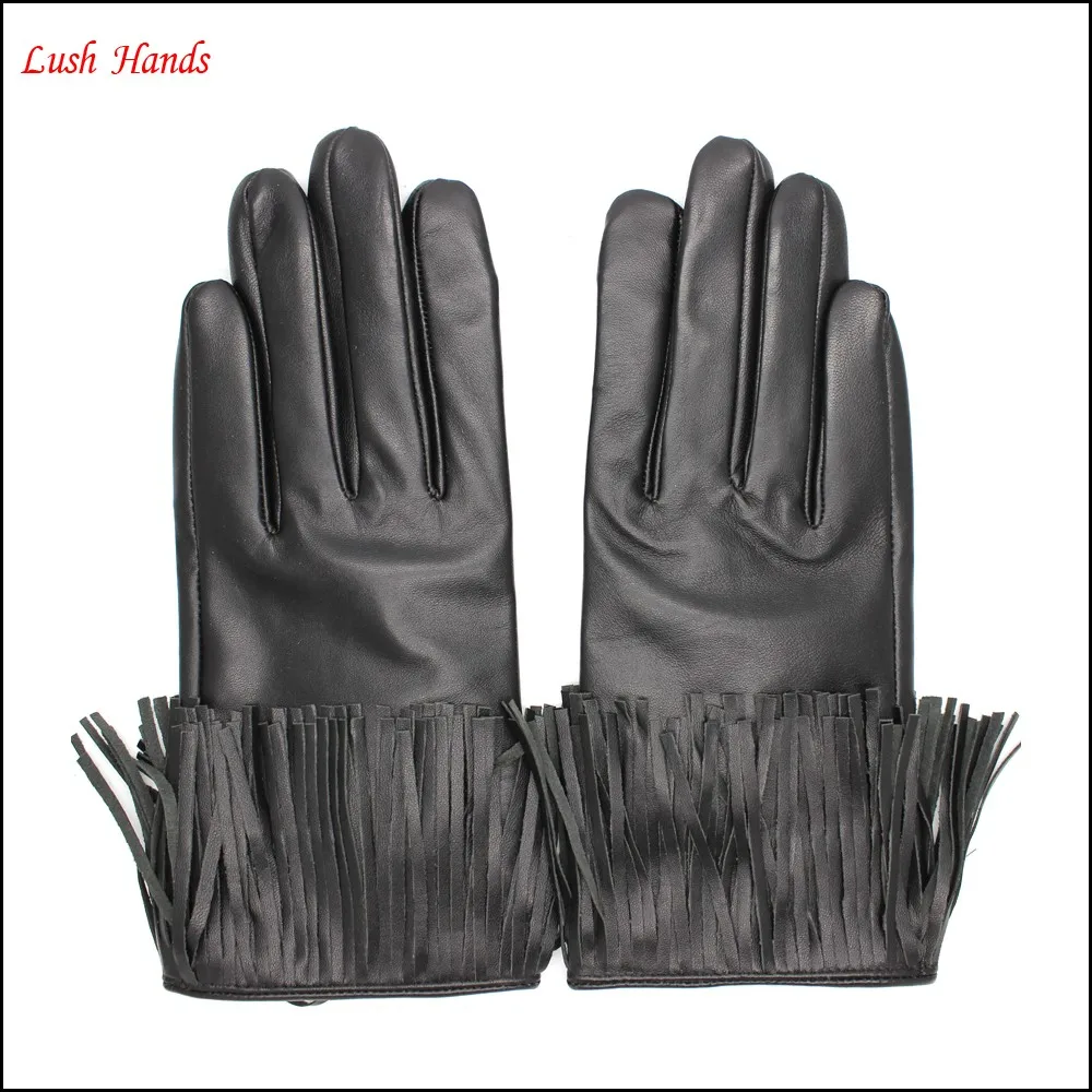 Fashion index finger touch screen black tassels leather gloves women