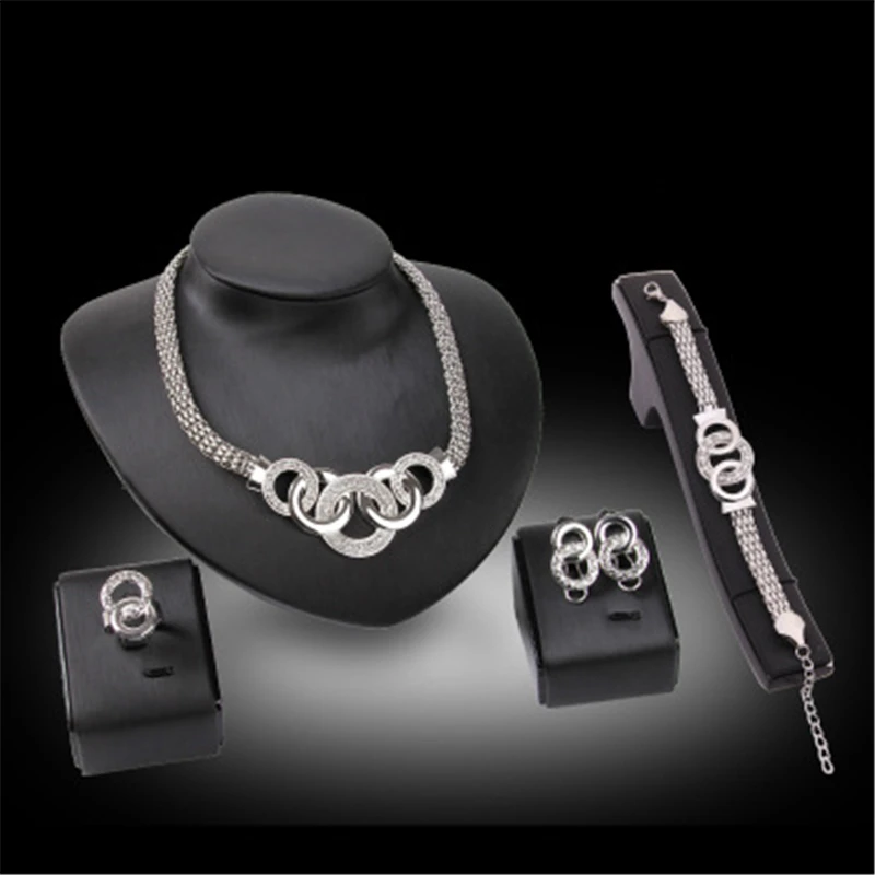 

New Style Earrings Necklace Ring Bracelet 4-Piece Plated Silver Alloy Jewelry Sets
