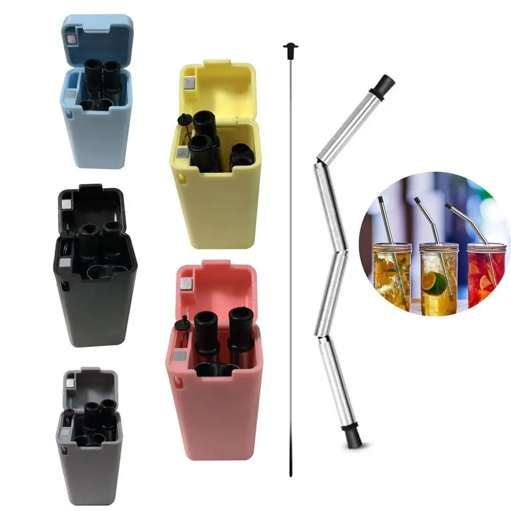 

Outdoor Straw Portable Collapsible Straw Stainless Steel Silicone Brewing Folding Drinking Straws Bar Tool Storage Case Reusable, 5 colors