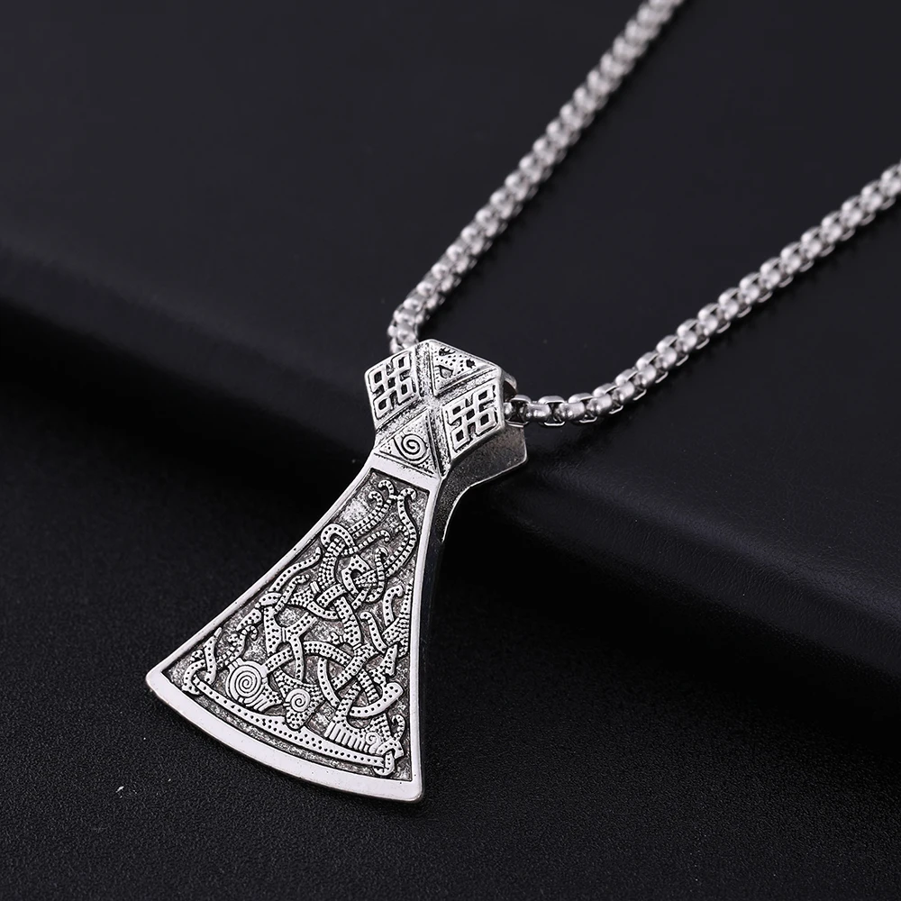 

New Men's Antique Sliver Zinc Alloy Amulet Viking Style Casting Axe Pendant With Stainless Steel Box Chain