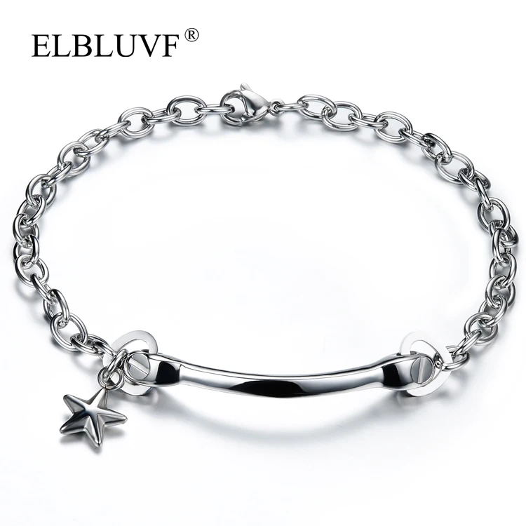 

ELBLUVF Free Shipping Stainless Steel Jewelry Star Shape Girls Heart Pendant Long Bar Student Couple Bracelet, Steel color , rose gold