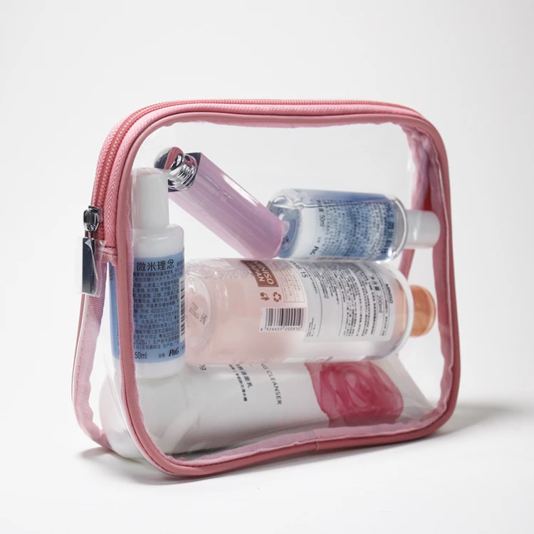 

Clear transparent PVC with pink PU edge Professional Make Up Bag Cosmetic Toiletry Zipper Pouch, Pink , customized color