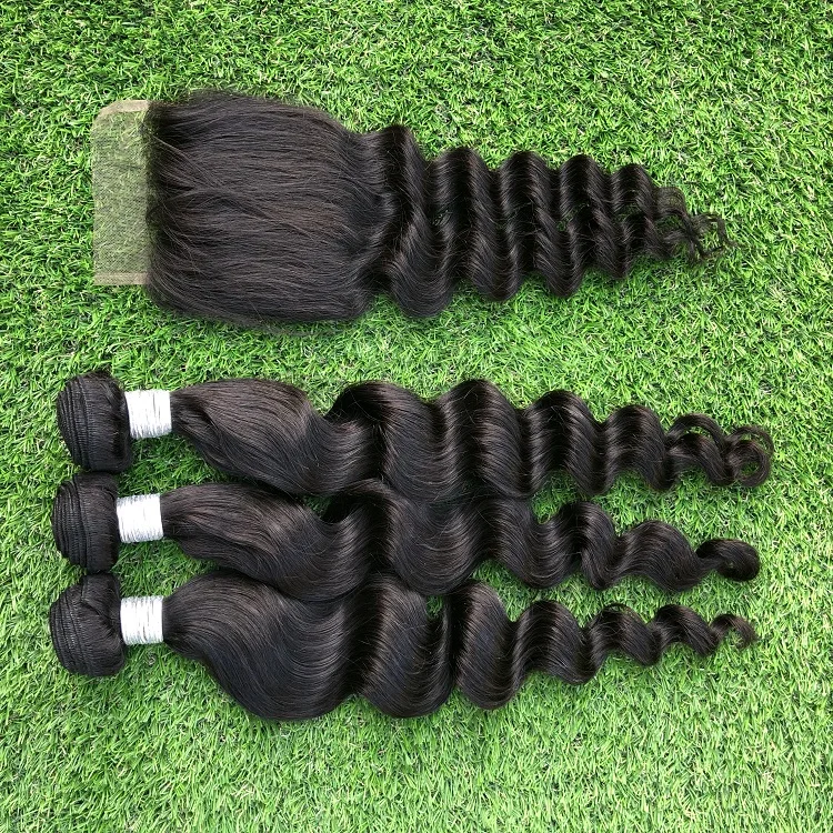 

100% virgin human hair loose deep wave bundles with lace closure