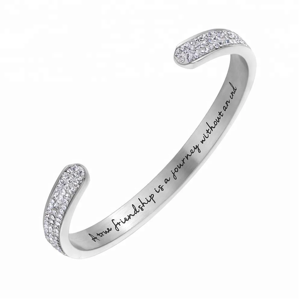

Inspirational Bracelet w/Austrian Crystal Cuff Bracelet Engraved "A true friendship is a journey without an end" Bracelet, Silver, rose gold, gold