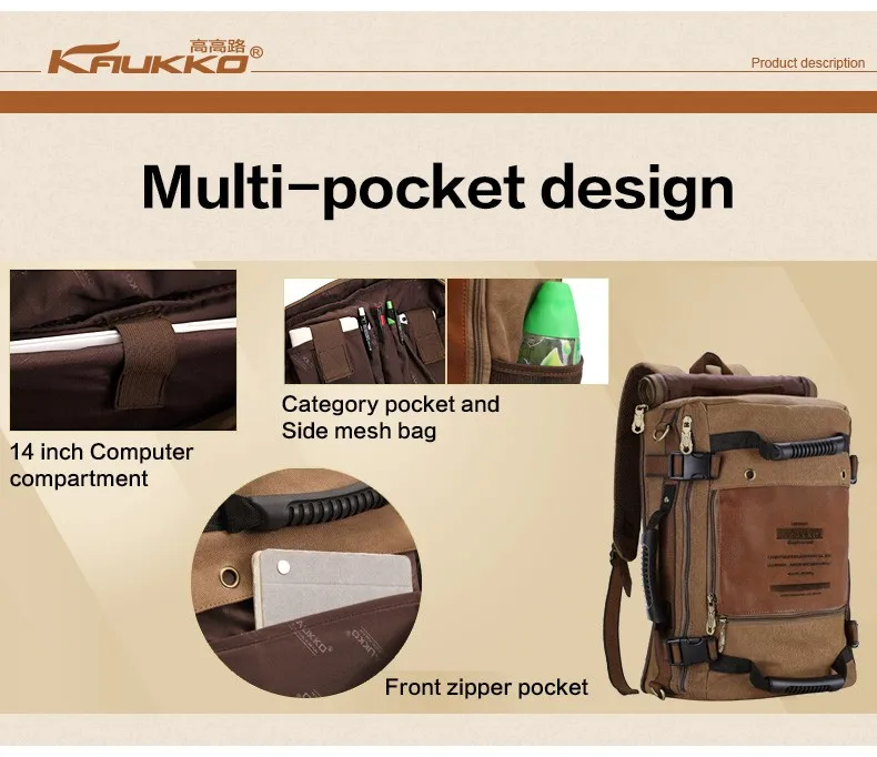 KAUKKO Canvas multifunction Men Travel backpack rucksack women