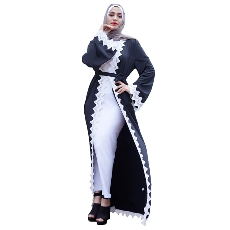 

2018 modern islamic clothing white lace black open abaya